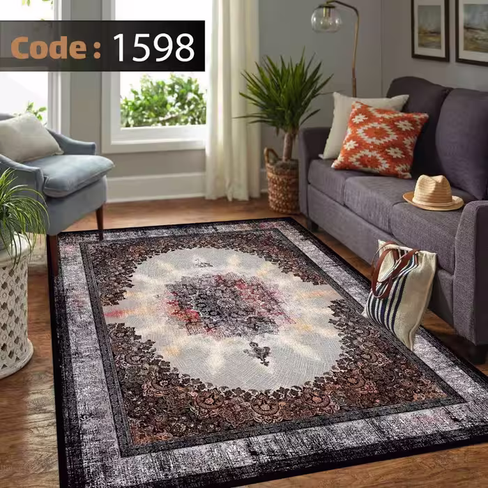 کاورفرش روفرشی دورکشدار گوشه لیفه ای لاکی ، آبی و متنوع کد 1598