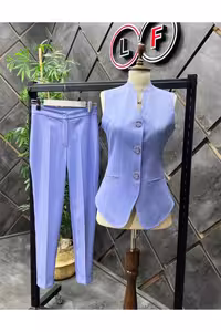 ست کت و شلوار با جلیقه پشمی بنفش - 9316