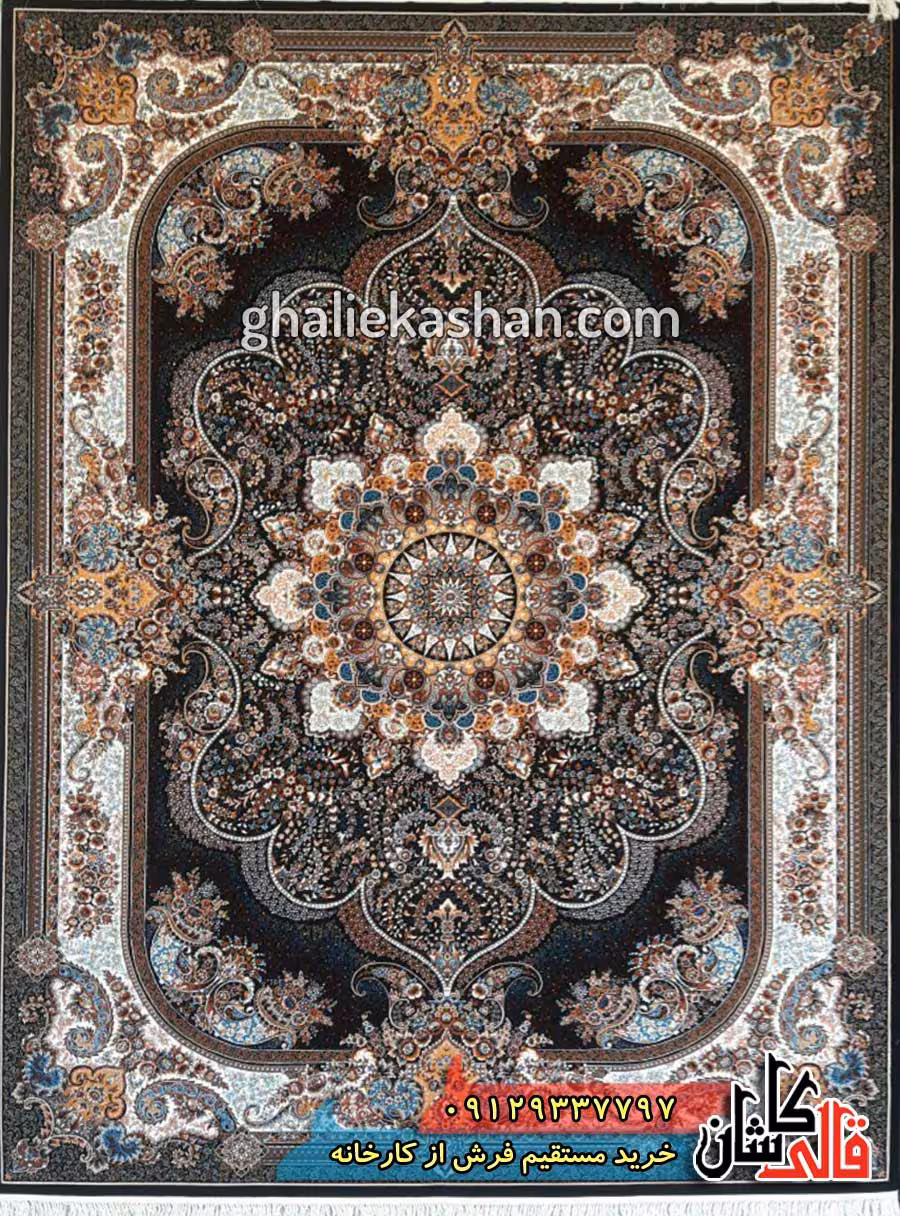 فرش 700 شانه طرح نسترن زمینه سرمه ای کاشان