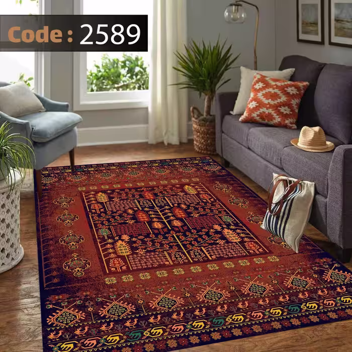 کاورفرش روفرشی دورکشدار گوشه لیفه ای لاکی ، آبی و متنوع کد 2589