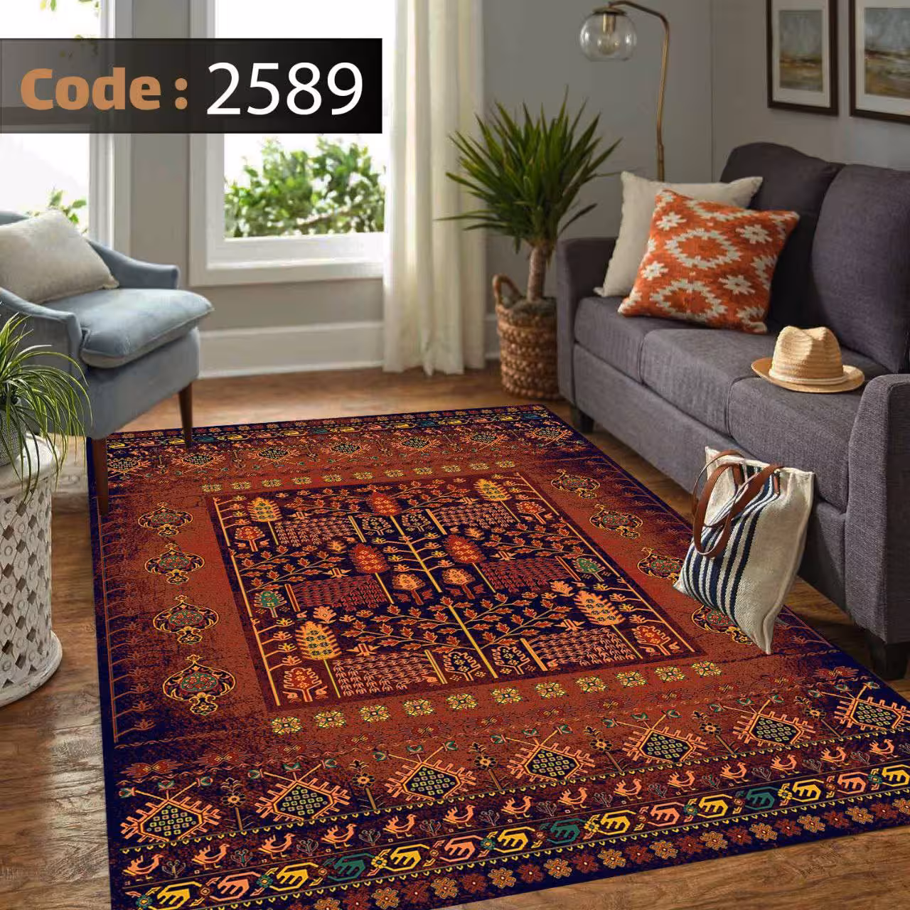 کاورفرش روفرشی دورکشدار گوشه لیفه ای لاکی ، آبی و متنوع کد 2589
