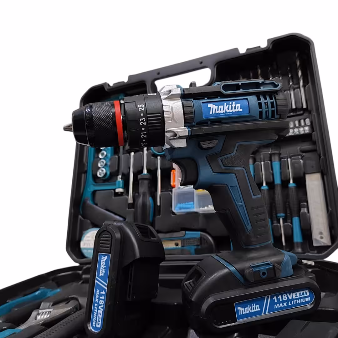 دریل شارژی چکشی ماکیتا دوباتری مدل 118 ولت سه نظام فلزی تراز دار همراه کیف و لوازم کامل پیچگوشتی شارژی ماکیتا فروش ویژه