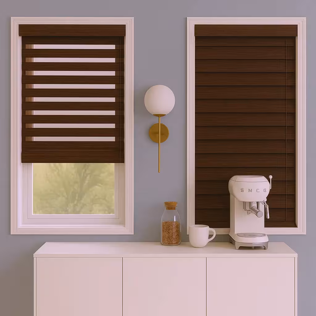 پرده کرکره ای چوبی قهوه‌ای تیره طرح چوب 50 میلیمتری - کد HLVI86