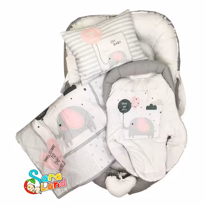 سرویس خواب لبه دار 4 تکه نوزاد دلی طرح فیل صورتی