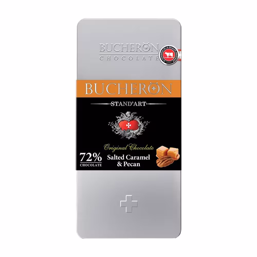 تابلت شکلات تلخ 72% بوچرون با طعم کارامل و گردو مدل استند آرت 100 گرم
