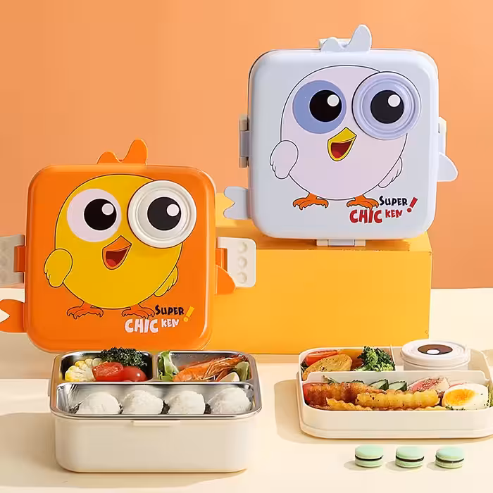 ظرف غذای داخل استیل طرح جوجه 🐥 | لانچ‌باکس دو طبقه ضدنشتی LAX SON