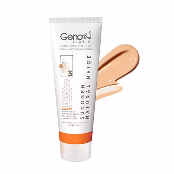 ضد آفتاب کرم پودری SPF50 پوست چرب ژنوبایوتیک (بژ طبیعی)