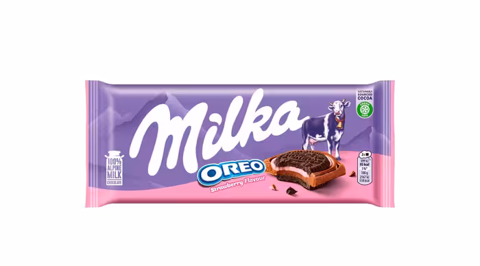 شکلات تخته ای میلکا مدل ساندویچی با بیسکوئیت اورئو توت فرنگی 92 گرم