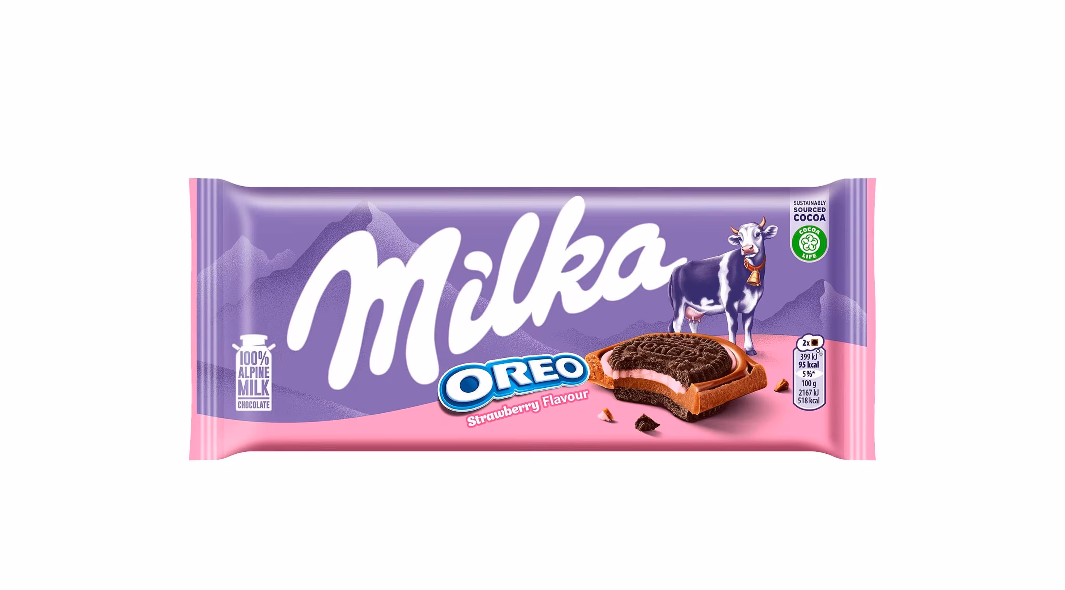 شکلات تخته ای میلکا مدل ساندویچی با بیسکوئیت اورئو توت فرنگی 92 گرم