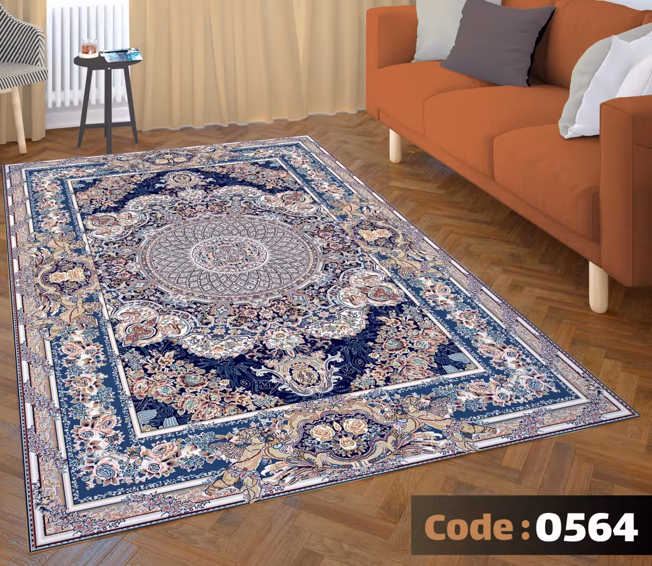 کاورفرش روفرشی دورکشدار گوشه لیفه ای لاکی ، آبی و متنوع کد 0564