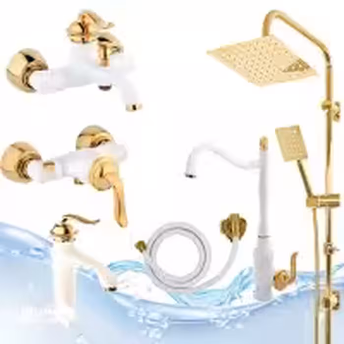 ست 6عددی بامبو سفید طلایی با علم دوش استیل طلایی