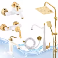 ست 6عددی بامبو سفید طلایی با علم دوش استیل طلایی