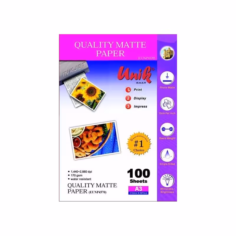 کاغذ کوتد 170 گرم یونیک سایز A3 بسته 100 برگی