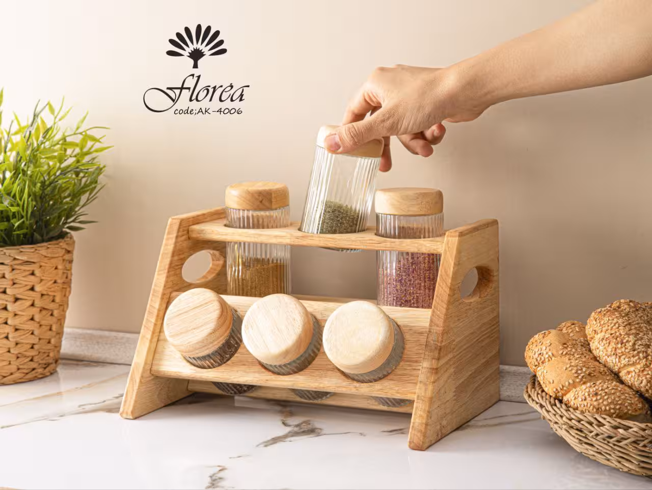 استند ادویه کج 6 تایی شیشه راه راه کد AK-4006 فلورا