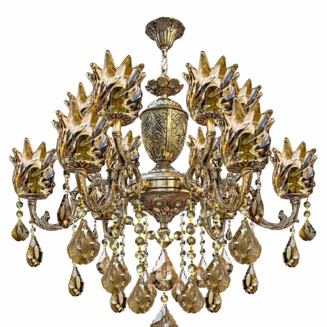 لوستر  برنز  . برنج . 12 شعله 6 شاخه  با لاله و کریستال شامپاینی مرغوب 