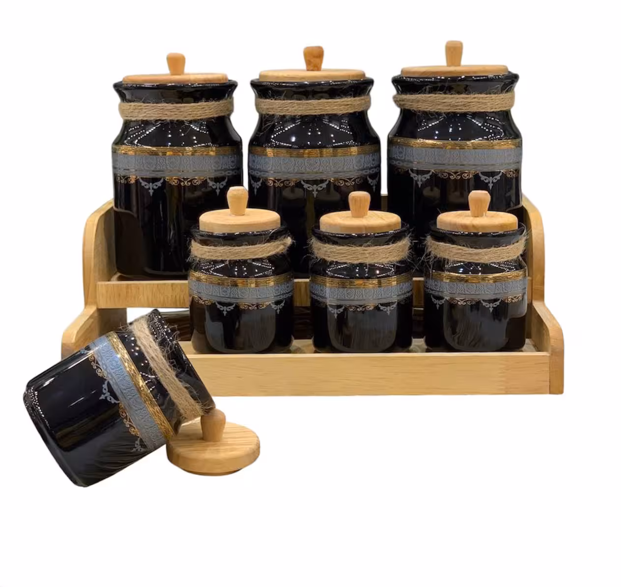 سرویس پاسماوری 7 پارچه چینی و چوب هرمس مدل ماهور مشکی