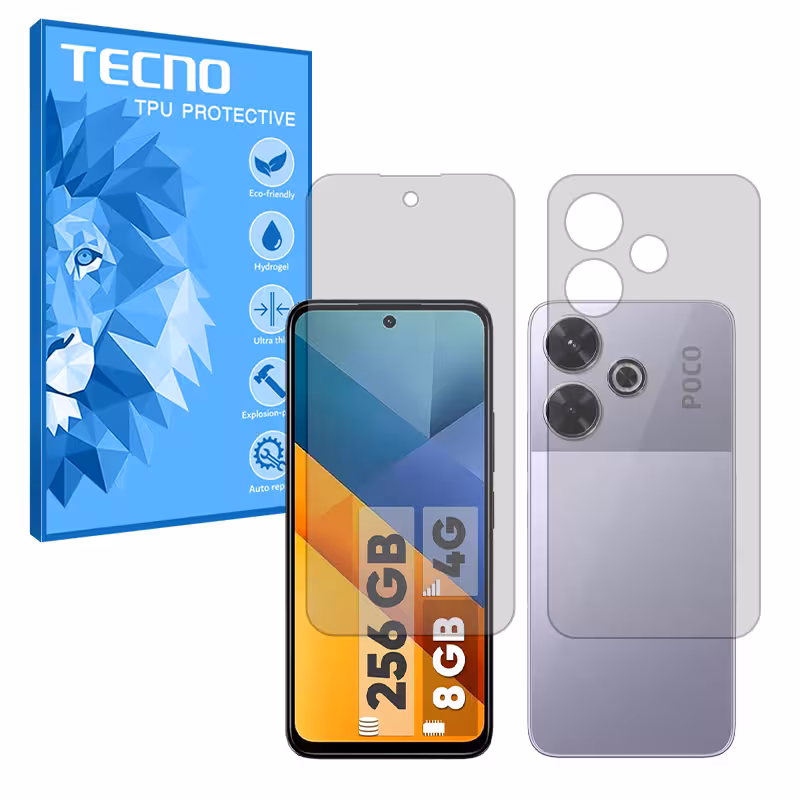 گلس صفحه نمایش و پشت گوشی شیائومی Poco M6 4G مدل هیدروژلی شفاف برند تکنو کد SS