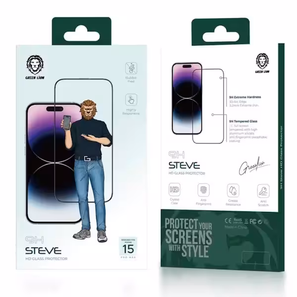 محافظ صفحه نمایش آیفون 15 پرومکس گرین مدل STEVE 9H HD 15 PRO MAX GLASS PROTECTOR
