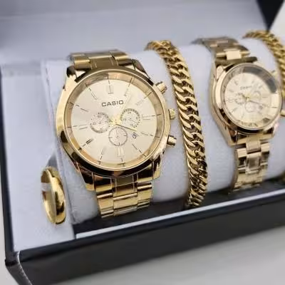ست ساعت کاسیو طلایی زنانه مردانه دستبند پ حلقه وارداتی 86265