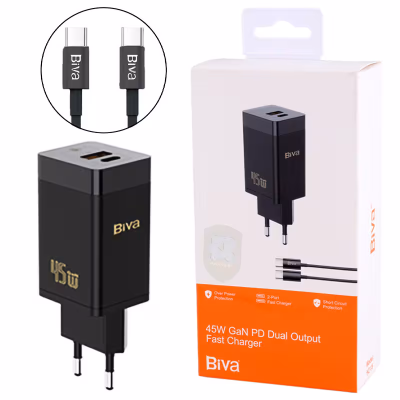 شارژر دیواری فست شارژ 2 پورت بیوا مدل HC-15 به همراه تبدیل کابل Type-C به Type-C