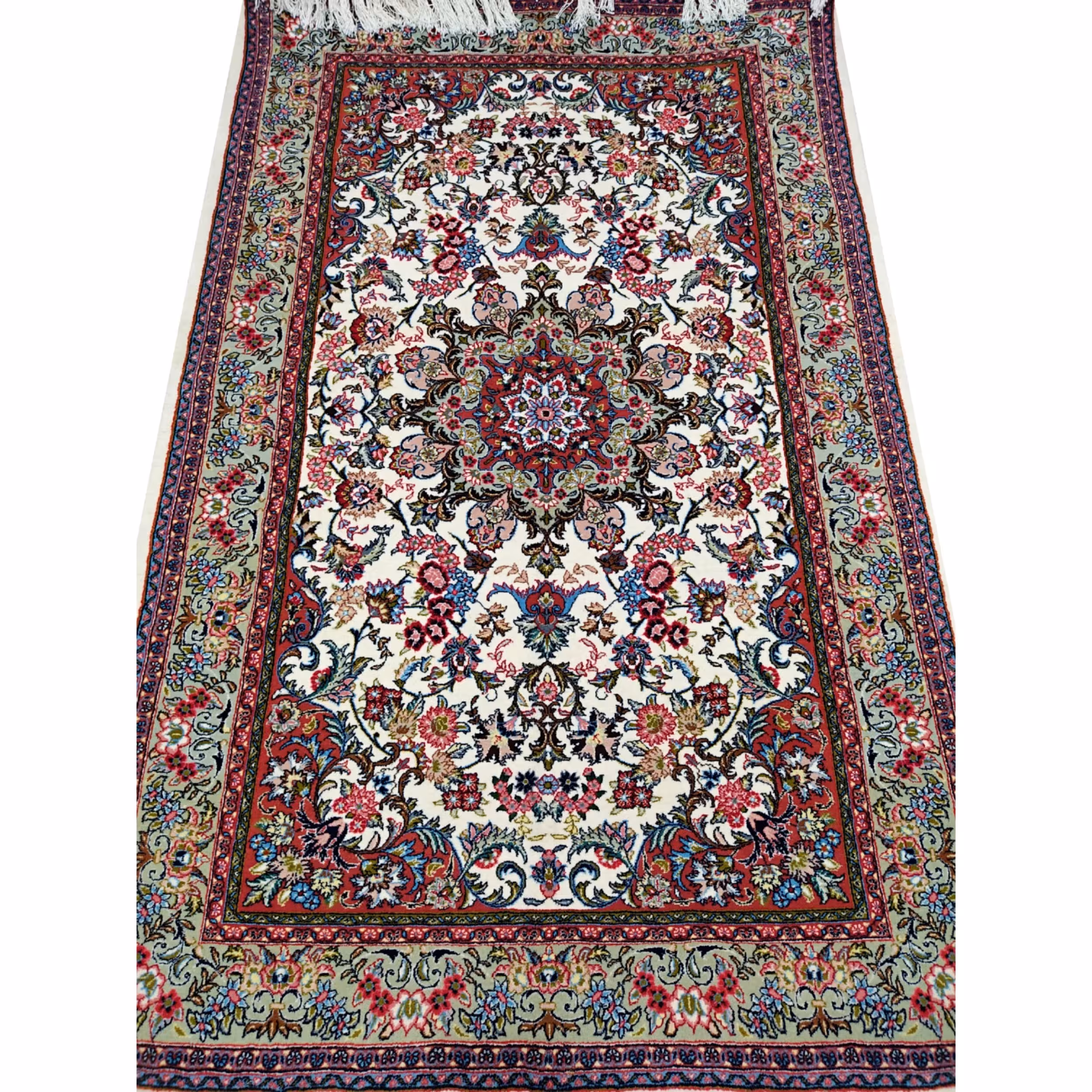 قالیچه 3 متری دوزری دستبافت  ساروق 50 رج نقش شاه عباسی گل فرنگ