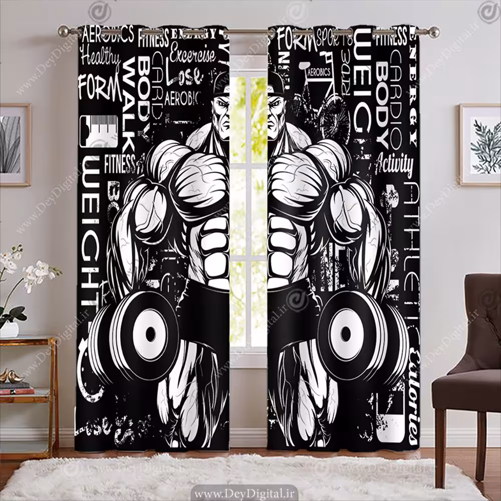 پرده پانچی آماده باشگاه بدنسازی سرح وکتوری بدنساز و جملات انگیزه BA-7609-s