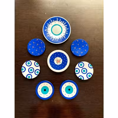 بشقاب دیوارکوب سفالی مدل هفت سین چشم و نظر کد 0008 مجموعه 8 عددی