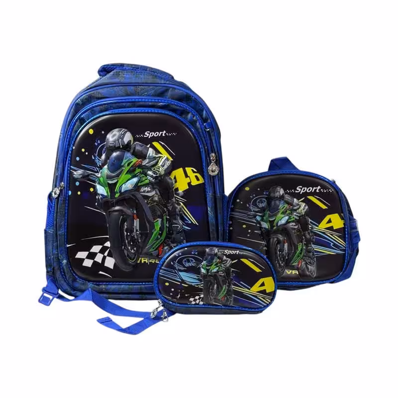 کوله پشتی مدرسه مدل سه بعدی طرح موتور سیکلت به همراه جامدادی و کیف دوشی | کالا مکس