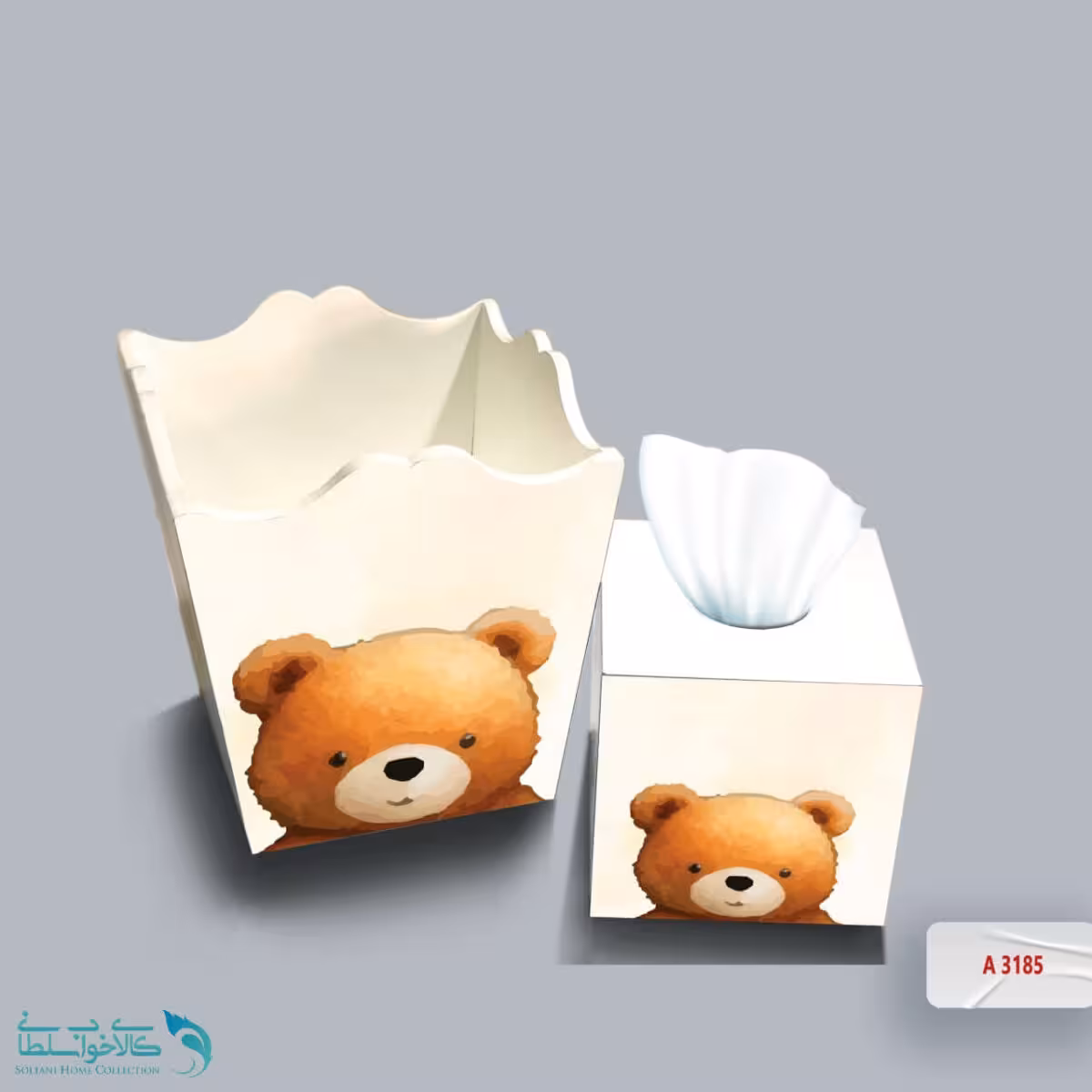 ست سطل و جا دستمال چوبی کودک طرح خرس تدی کد A3185