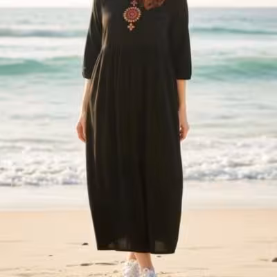 پیراهن ساحلی زنانه نخی مدل طرح سنتی بلند گلدوزی شده