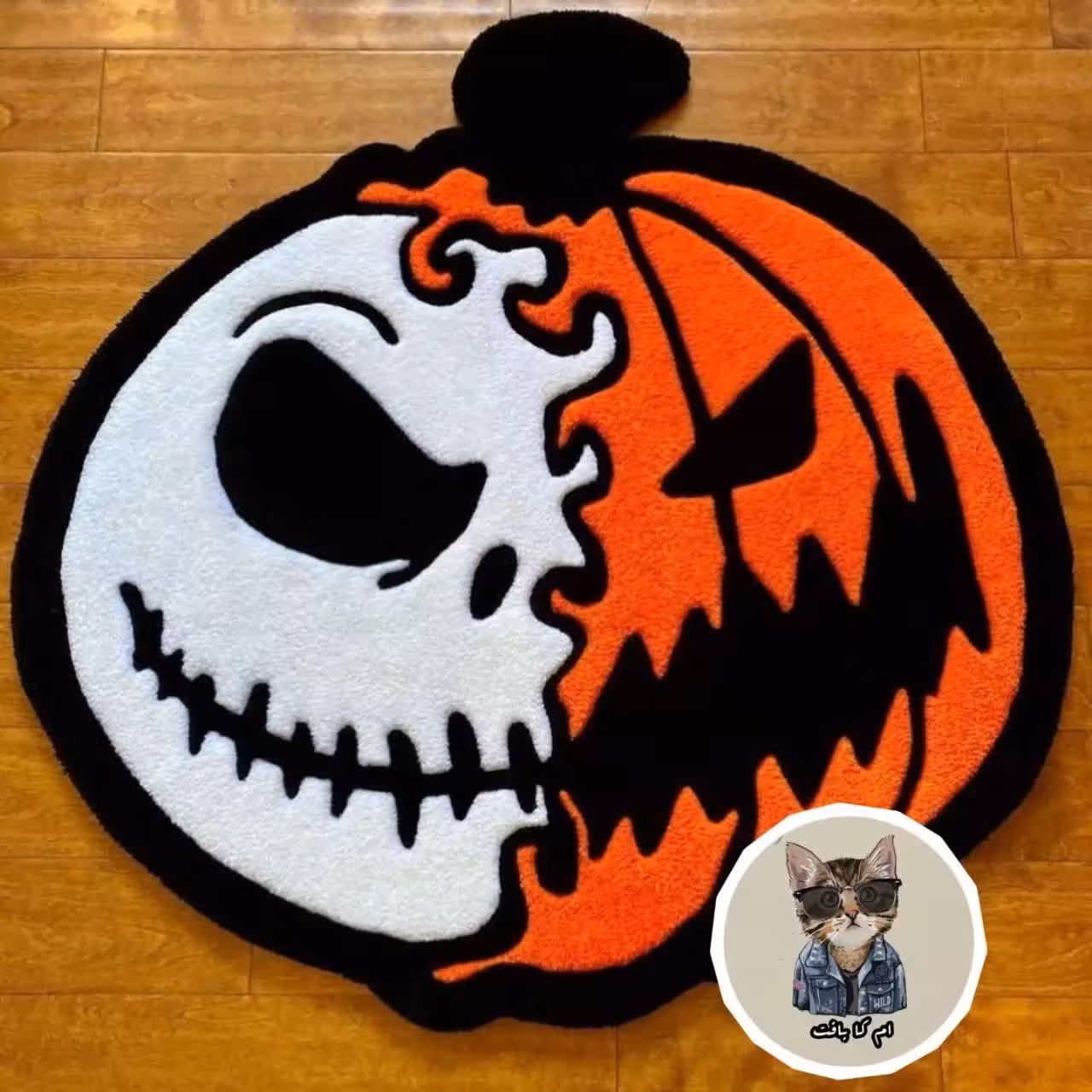 فرشینه دست بافت کدوی هالووین رنگ قرمز سفید ابعاد 70 در 70