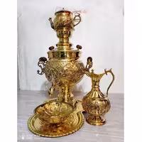 سرویس 5 پارچه سماور ذغالی برنجی، 6 لیتری، مدل توپی