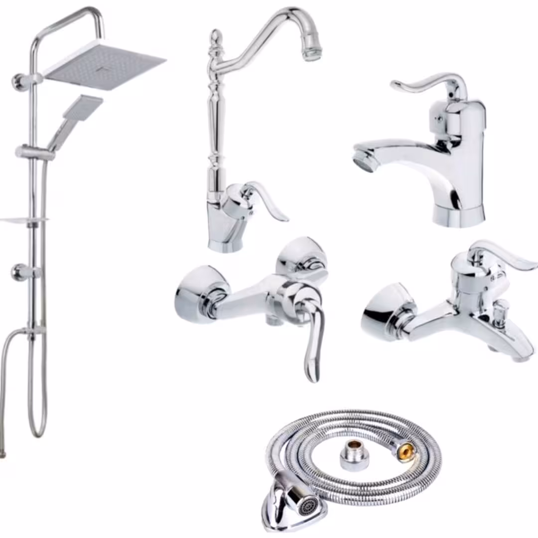 ست شیرالات ساختمان رنگ کروم بهمراه علم دوش دوکاره و شلنگ توالت جنس درجه 1 و استاندارد با نشان کیفیت ایزو9001