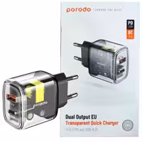 آداپتور شارژر دو پورت 2پین Porodo Dual Output Transparent Quick Charger PD And  QC 20w UE