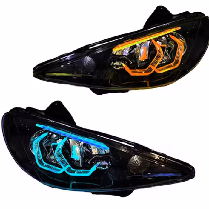 چراغ جلو اسپرت پژو 206 مدل 3D-HEXA مولتی کالر (ریموت دار) داخل مشکی بدون موتور دو عددی