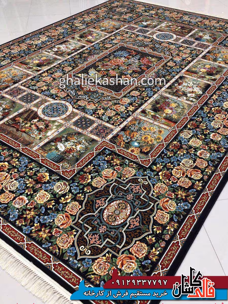 فرش 1000 شانه طرح باغ ارم زمینه سرمه ای کاشان