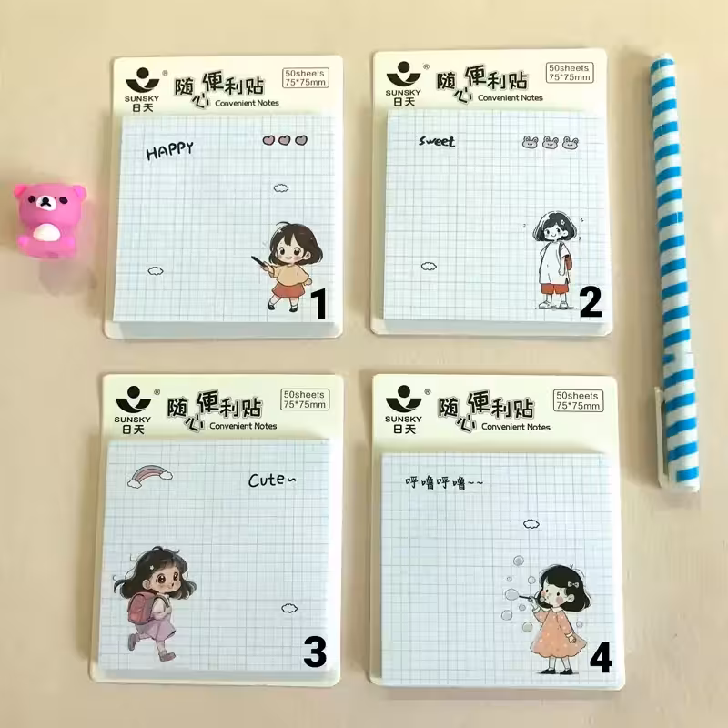استیک نوت 50 برگ دختر کیوت شطرنجی زیبا استیکی نوت فانتزی رنگی کاغذ یادداشت برچسب دار برگه تودولیست چسبی ایندکس اندیکس