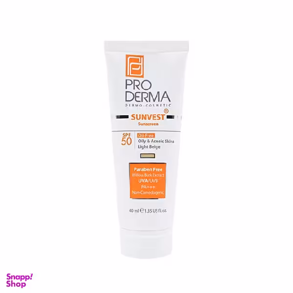 کرم ضد آفتاب فاقد چربی پرودرما (Pro Derma) با SPF50 رنگ بژ روشن حجم 40 میلی لیتر
