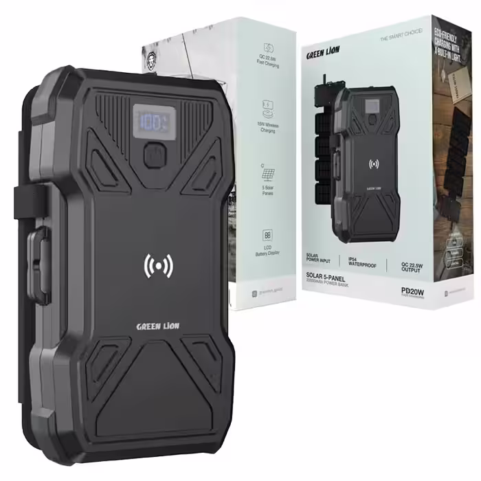 پاوربانک 20000mAH فست وایرلس خورشیدی 5 پنلی گرین لاین مدل Green Lion Solar 5-panel GL-PX27