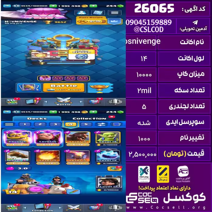 اکانت کلش رویال لول 14 تعداد کارت مکس 6 تعداد جم 250 تغییرنام 1000 کد 26065