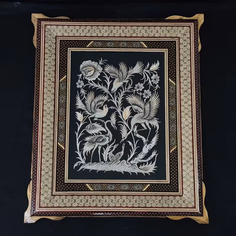 تابلو قلمزنی با قاب خاتم کاری ترنج 50در60