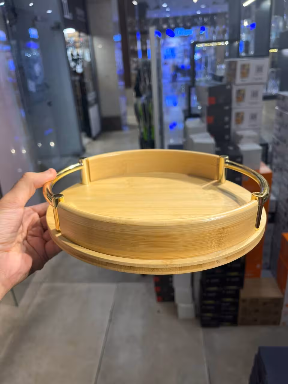 سینی بامبو گرد دسته فلزی کوچک