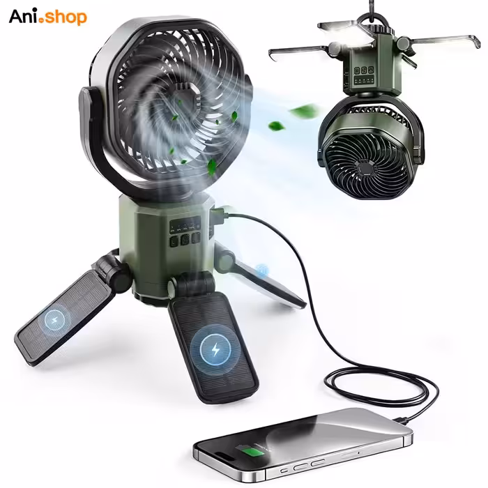 پنکه کمپی شارژی و خورشیدی مدل F6611 چند کاره (پنکه، چراغ، پاور بانک)