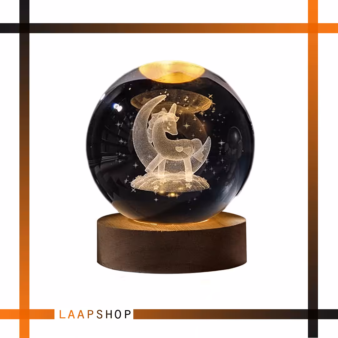 گوی شبخواب کریستالی سه بعدی مدل ماه و تک شاخ