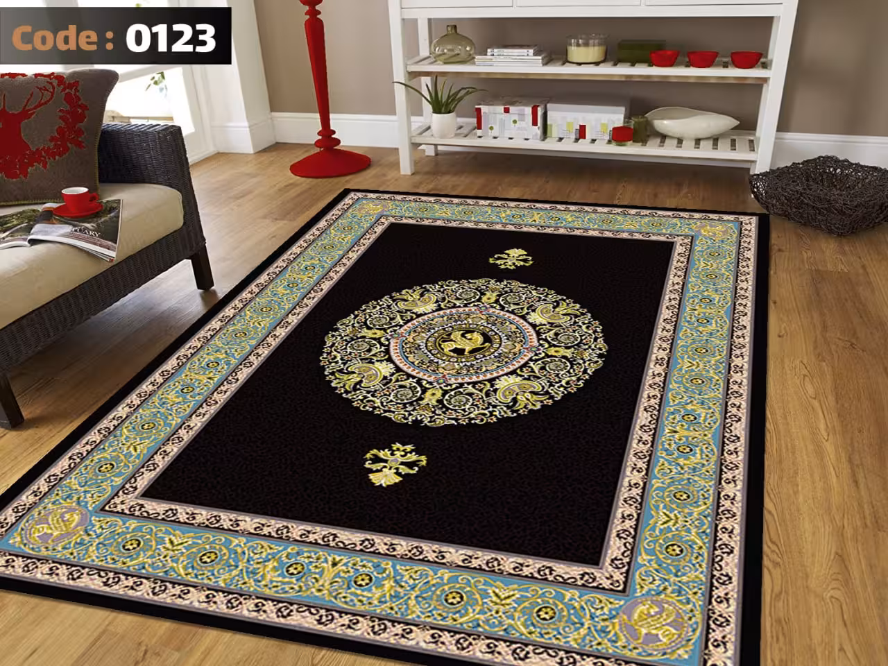 کاورفرش روفرشی دورکشدار گوشه لیفه ای لاکی ، آبی و متنوع کد 0123