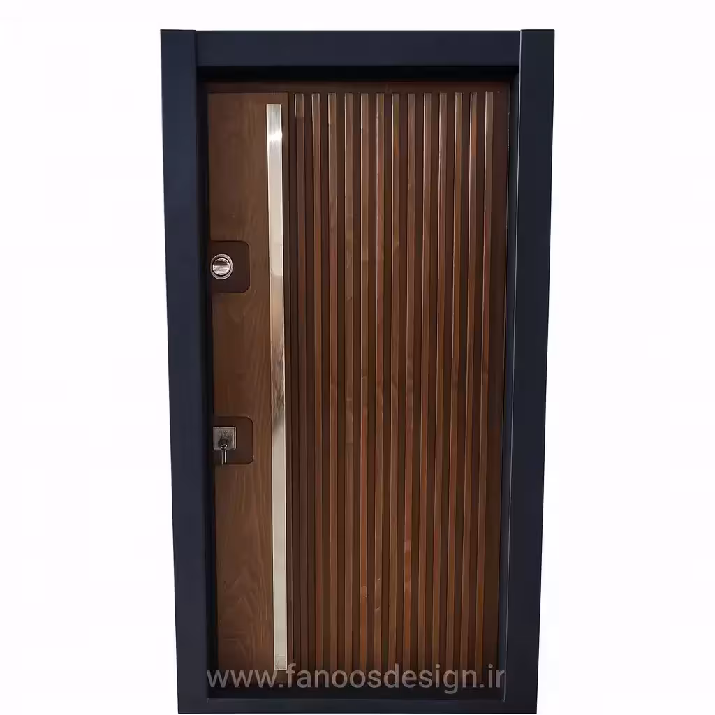 درب ضد سرقت طرح چوب شیار عمودی با فریم مشکی کد 30206