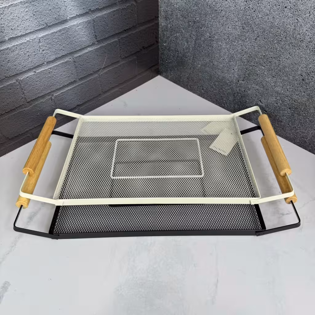 سینی فلزی تخت دسته بامبو توری طرح مسطتیلی