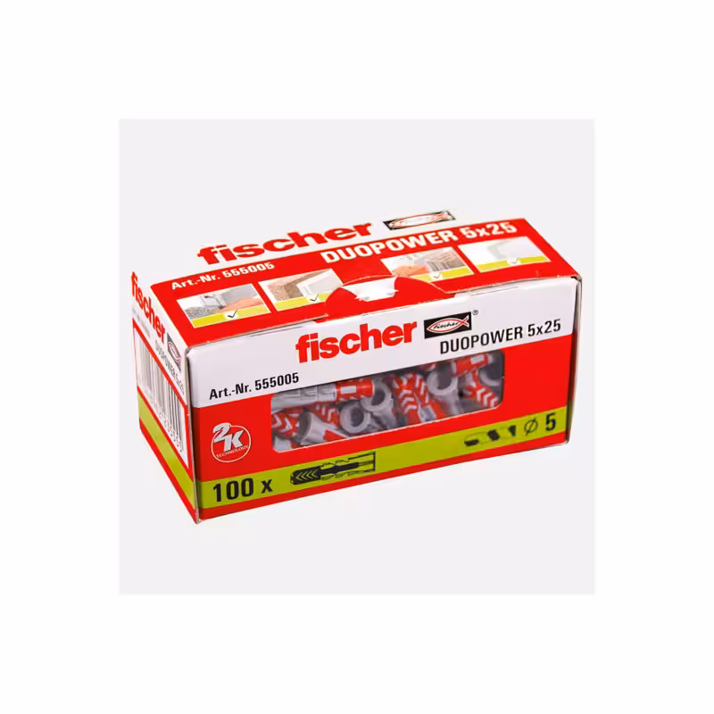 فیشر دووپاور 5×25 | رولپلاک پلاستیکی 100 عددی | قطر 5 میلی‌متر | طول 25 میلی‌متر | مناسب برای مصالح ساختمانی سبک | اتصال سریع و مطمئن | محصول اصلی فیشر آلمان