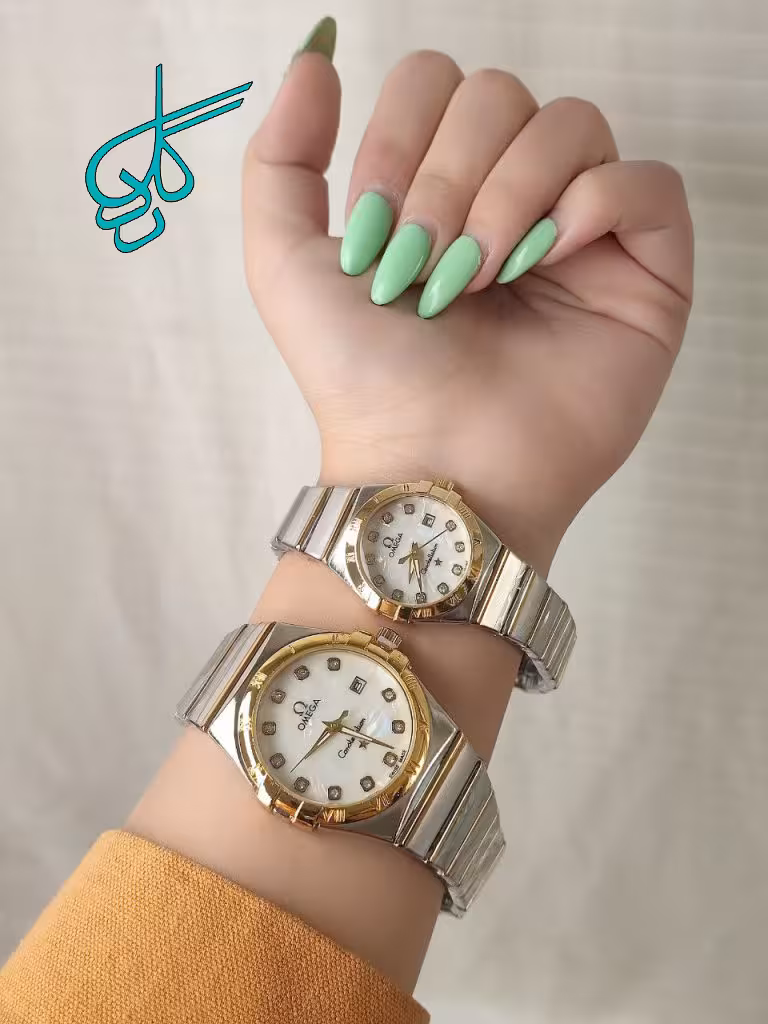 خرید ست ساعت زنانه و مردانه امگا تقویم دار دوقفله مخفی کیفیت عالی رنگ ثابت کد 2117460 - ردگل
