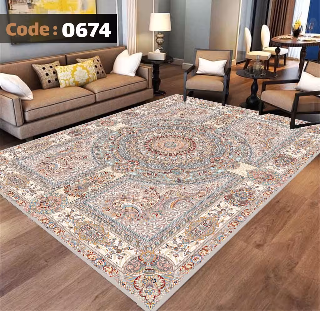 کاورفرش روفرشی دورکشدار گوشه لیفه ای کرم  قهوه ای کد 0674